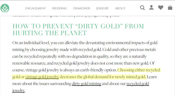 Brilliant Earth falsely claims here that recycled gold reduces gold mining activity. It does not.